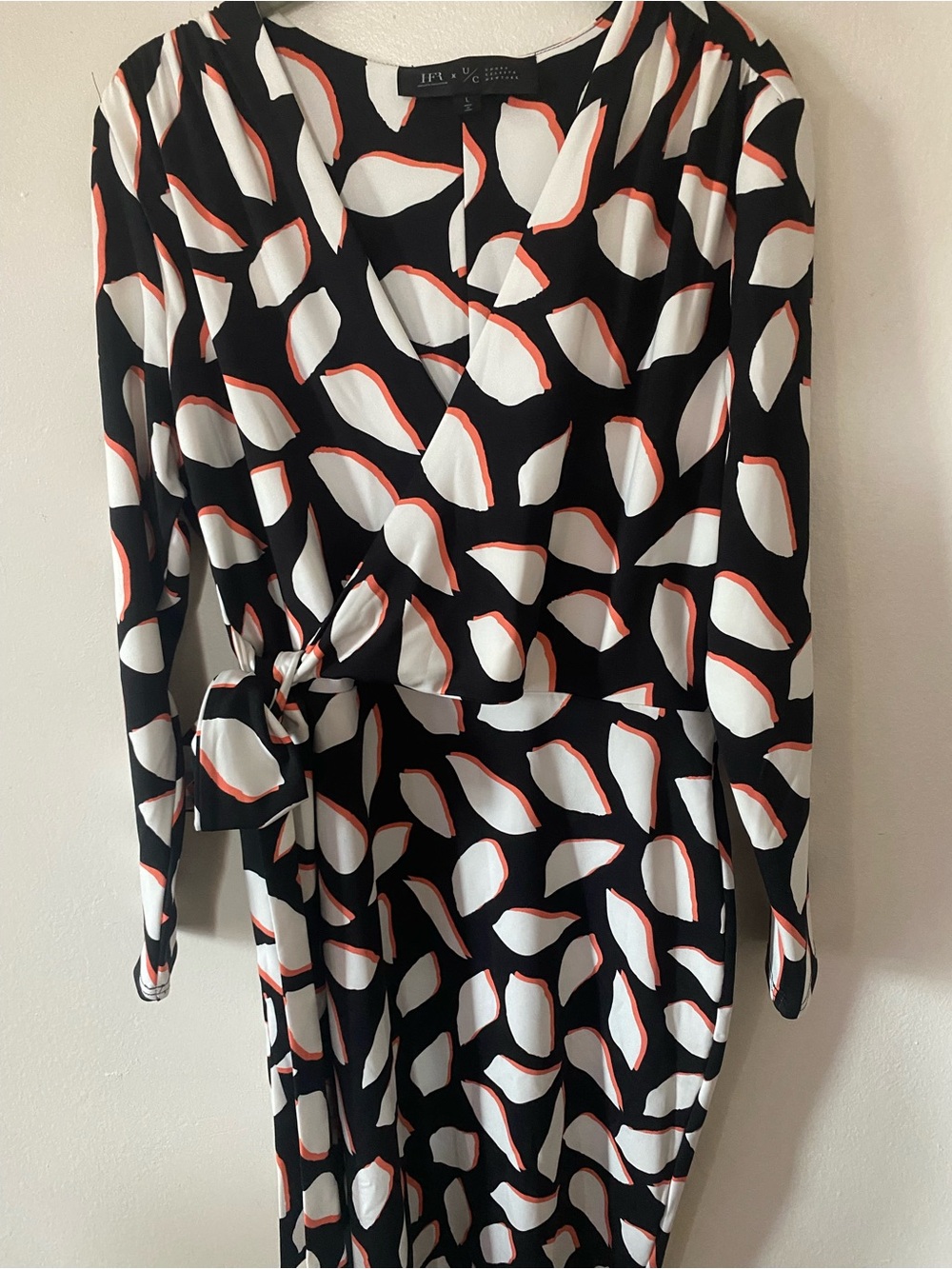 JFL Black Long-Sleeve Wrap Dress with White & Coral Accents